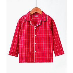 Babyhug Full Sleeves Woven Checked Shirt & Pyjama Set - Red