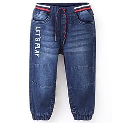 Babyhug Full Length Washed Jeans With Drawstring Text Print - Blue