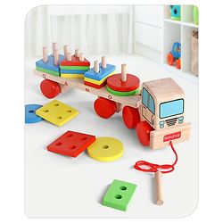 Babyhug Stack & Pull Montessori Wooden Truck Playset Multicolor - 16 Pieces |Interactive Play, Enhances Motor Skills & Imaginative Adventures | Safe & Durable | BIS Certified