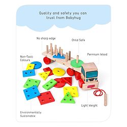Babyhug Stack & Pull Montessori Wooden Truck Playset Multicolor - 16 Pieces |Interactive Play, Enhances Motor Skills & Imaginative Adventures | Safe & Durable | BIS Certified