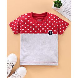 Babyhug Half Sleeves Color Block Tee Stars Print - Grey Red