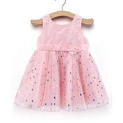 Babyhug Party Wear Sleeveless Printed Frock Flower Applique - Light Pink
