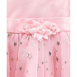 Babyhug Party Wear Sleeveless Printed Frock Flower Applique - Light Pink