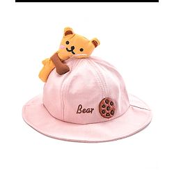 Babyhug Cotton Bucket Hat Bear Embroidered Light Pink - Diameter 16 cm