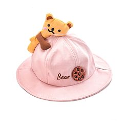 Babyhug Cotton Bucket Hat Bear Embroidered Light Pink - Diameter 16 cm