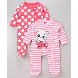 Babyhug Full Sleeves Footed Sleepsuits Kitty Print Pack of 2 - Fuchsia Light Pink