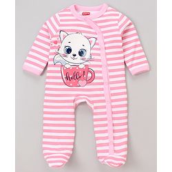 Babyhug Full Sleeves Footed Sleepsuits Kitty Print Pack of 2 - Fuchsia Light Pink