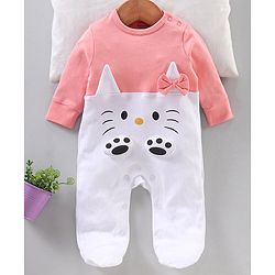 Babyhug Full Sleeves Sleep Suit with Animal Face Applique and Bow - Pink White