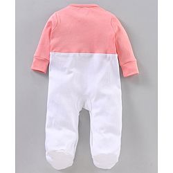 Babyhug Full Sleeves Sleep Suit with Animal Face Applique and Bow - Pink White