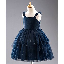 Babyhug Sleeveless Frilled and Layered Sequined Party Dress - Navy Blue