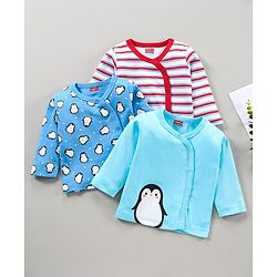 Babyhug 100% Cotton Full Sleeves Vests Penguin Print Pack of 3 - Aqua & Sky Blue White