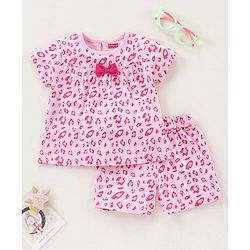 Babyhug Half Sleeves Printed Night Suit Bow Applique - Pink