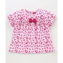 Babyhug Half Sleeves Printed Night Suit Bow Applique - Pink