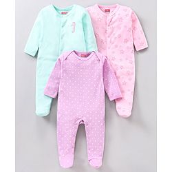 Babyhug Cotton Full Sleeves Sleepsuits Printed Pack of 3 - Pink Blue