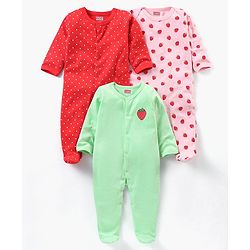 Babyhug Full Sleeves Footed Sleepsuits Strawberry Print Pack Of 3 - Red Pink