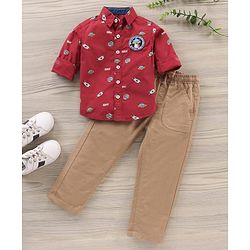 Babyhug Full Sleeves Shirt And Loungepants Multiprint - Red Khaki