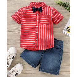 Babyhug Party Wear Half Sleeves Shirt & Denim Shorts With Bow - Red Blue