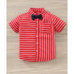 Babyhug Party Wear Half Sleeves Shirt & Denim Shorts With Bow - Red Blue