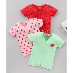 Babyhug Half Sleeves 100% Cotton Vests Dot And Strawberry Print Pack Of 3 - Red Pink Green