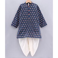 Babyhug Cotton Full Sleeves Kurta & Dhoti Set Geometric Print - Blue Off White