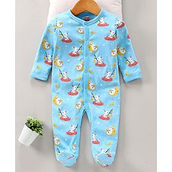 Babyhug Full Sleeves Footed Sleepsuit Bunny Print - Light Blue