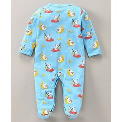 Babyhug Full Sleeves Footed Sleepsuit Bunny Print - Light Blue