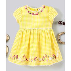 Babyhug 100% Cotton Checks Embroidered Short Sleeves Frock - Yellow