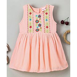 Babyhug Viscose Yoke Frocks Crepe Embroidered  - Peach