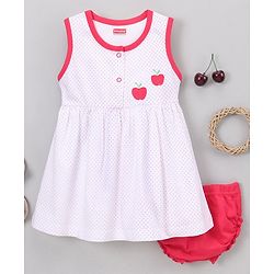 Babyhug 100% Cotton Sleeveless Frock With Bloomer Apple Patch - White Pink
