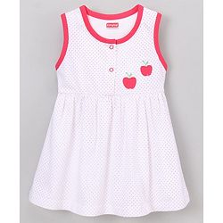 Babyhug 100% Cotton Sleeveless Frock With Bloomer Apple Patch - White Pink