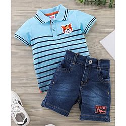 Babyhug Half Sleeves Striped Polo Tee and Shorts Set - Light Blue Dark Blue