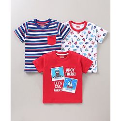 Babyhug Half Sleeves Cotton Printed and Striped T-shirts Set of 3 - Red White Blue