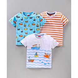 Babyhug Half Sleeves T-Shirts Boat Print Pack of 3 - Blue Orange White