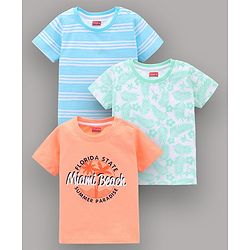Babyhug Half Sleeves Striped Tees with Leaf Print - Blue Peach Green