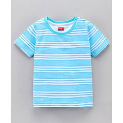 Babyhug Half Sleeves Striped Tees with Leaf Print - Blue Peach Green