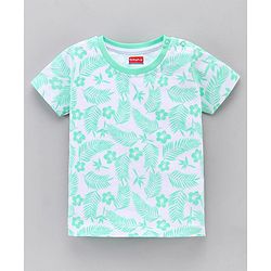 Babyhug Half Sleeves Striped Tees with Leaf Print - Blue Peach Green