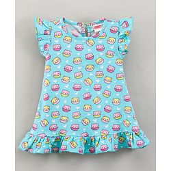 Babyhug Flutter Sleeves Nighty Cartoon Print - Blue