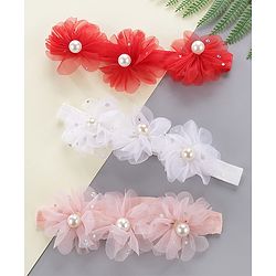 Babyhug Pearl Embellished Floral Headbands Pack Of 3 - Pink, Peach & Purple