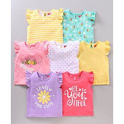 Babyhug Short Frill Sleeves Tops Striped and Text Print Pack of 7 - Multicolor