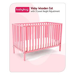 Babyhug Visby Wooden Cot with 3 Level Height Adjustment & Plug and Play Assembly - Pink| Solid Pinewood| Attach to Parents Bed