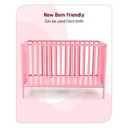 Babyhug Visby Wooden Cot with 3 Level Height Adjustment & Plug and Play Assembly - Pink