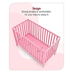 Babyhug Visby Wooden Cot with 3 Level Height Adjustment & Plug and Play Assembly - Pink| Solid Pinewood| Attach to Parents Bed