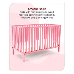 Babyhug Visby Wooden Cot with 3 Level Height Adjustment & Plug and Play Assembly - Pink| Solid Pinewood| Attach to Parents Bed