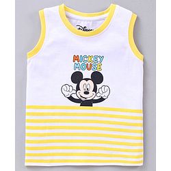 Babyhug Sleeveless Cotton T-shirt Mickey Mouse Graphic and Striped - Yellow White