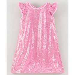 Babyhug Sleeveless Sequin Frock Flower Applique - Pink