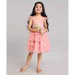 Babyhug Frill Sleeves Party Wear Tutu Tiered Frock with Sequins Applique - Peach