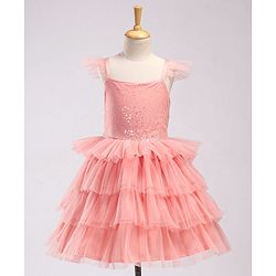 Babyhug Frill Sleeves Party Wear Tutu Tiered Frock with Sequins Applique - Peach