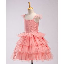 Babyhug Frill Sleeves Party Wear Tutu Tiered Frock with Sequins Applique - Peach