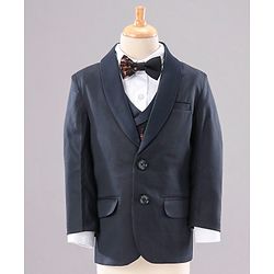 Babyhug Full Sleeves Solid Party Suit with Checked Bow and Waistcoat - Navy