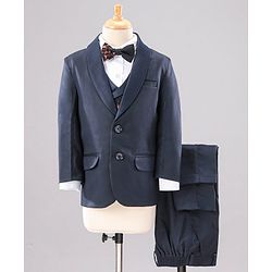 Babyhug Full Sleeves Solid Party Suit with Checked Bow and Waistcoat - Navy